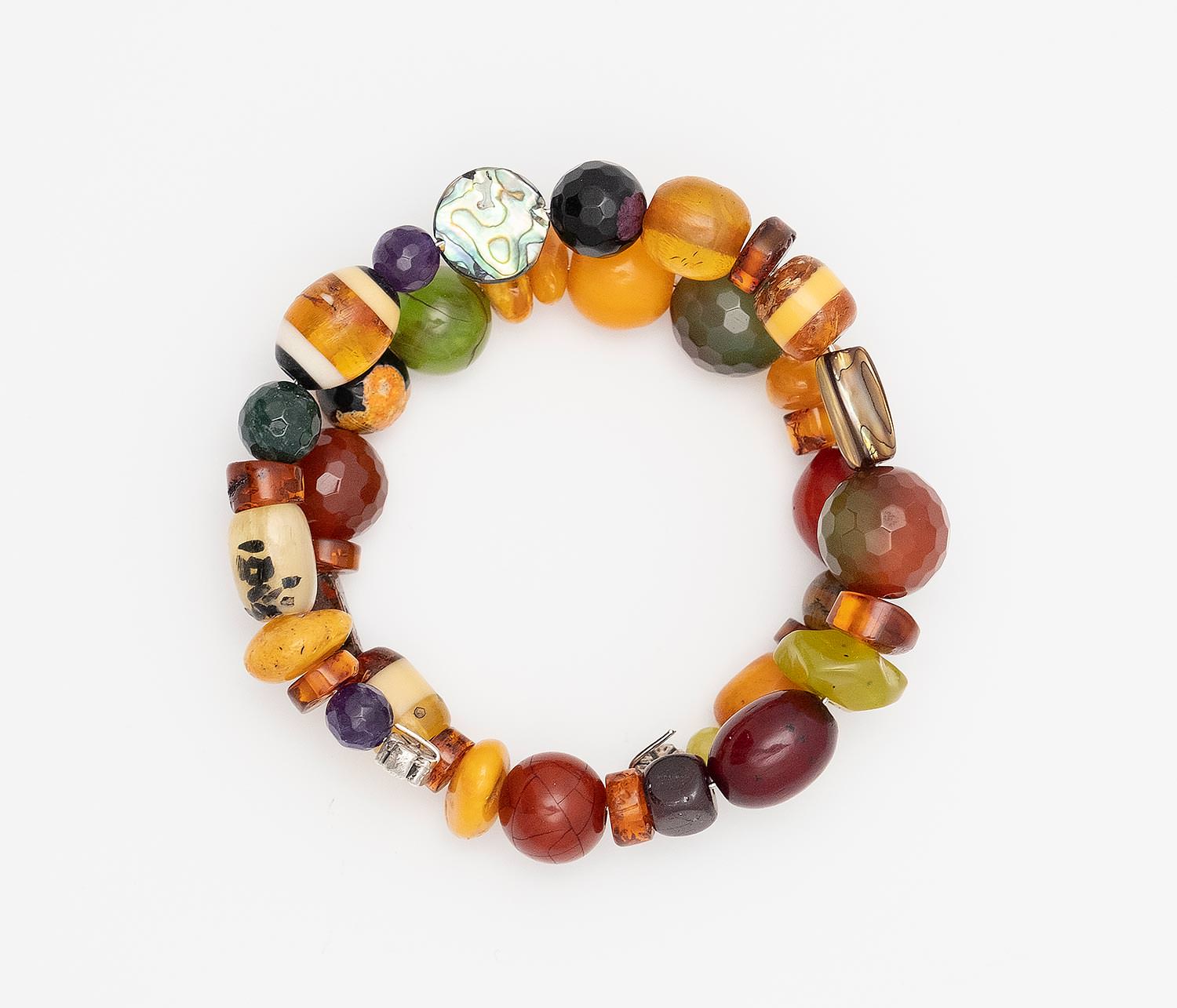 Bracelet with beads made of old mixture of artificial resins of Egypt (1960), Baltic Sea Amber (cut by hand), Agates and tin
