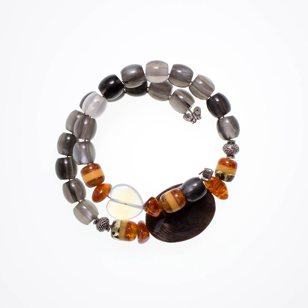 Bracelet from old mixture of artificial resins, Baltic Sea Amber (cut by hand), Agates and Tin

