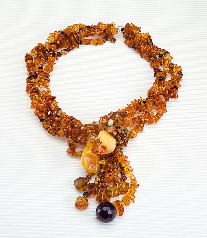 Necklace made of genuine amber from Baltic sea - cut by hand, amethyst, agate and silver.